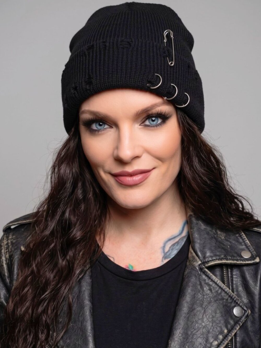 Punk Style ✦ Black Knit Beanie ✦ Safety Pin & Crescent Rings Soft Stretch Goth